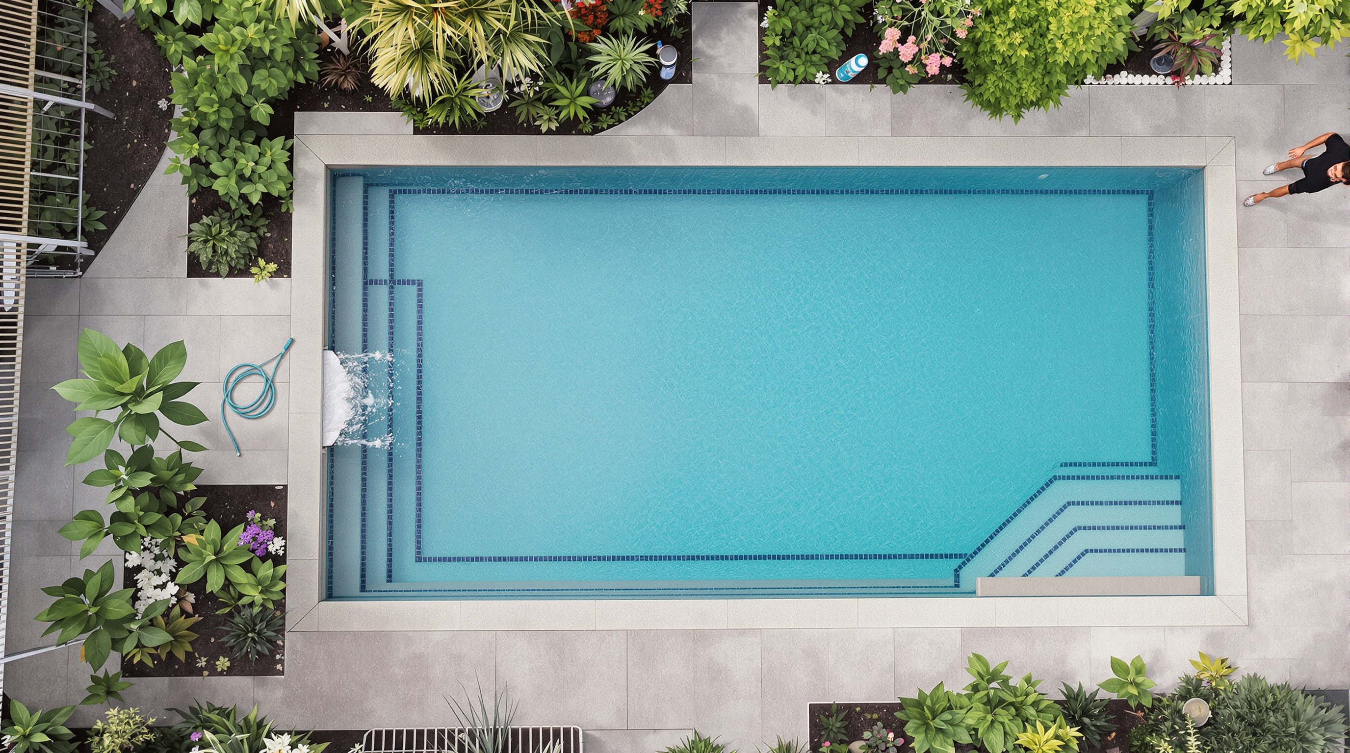Piscina de design premium com paisagismo integrado e áreas externas em condomínio de luxo