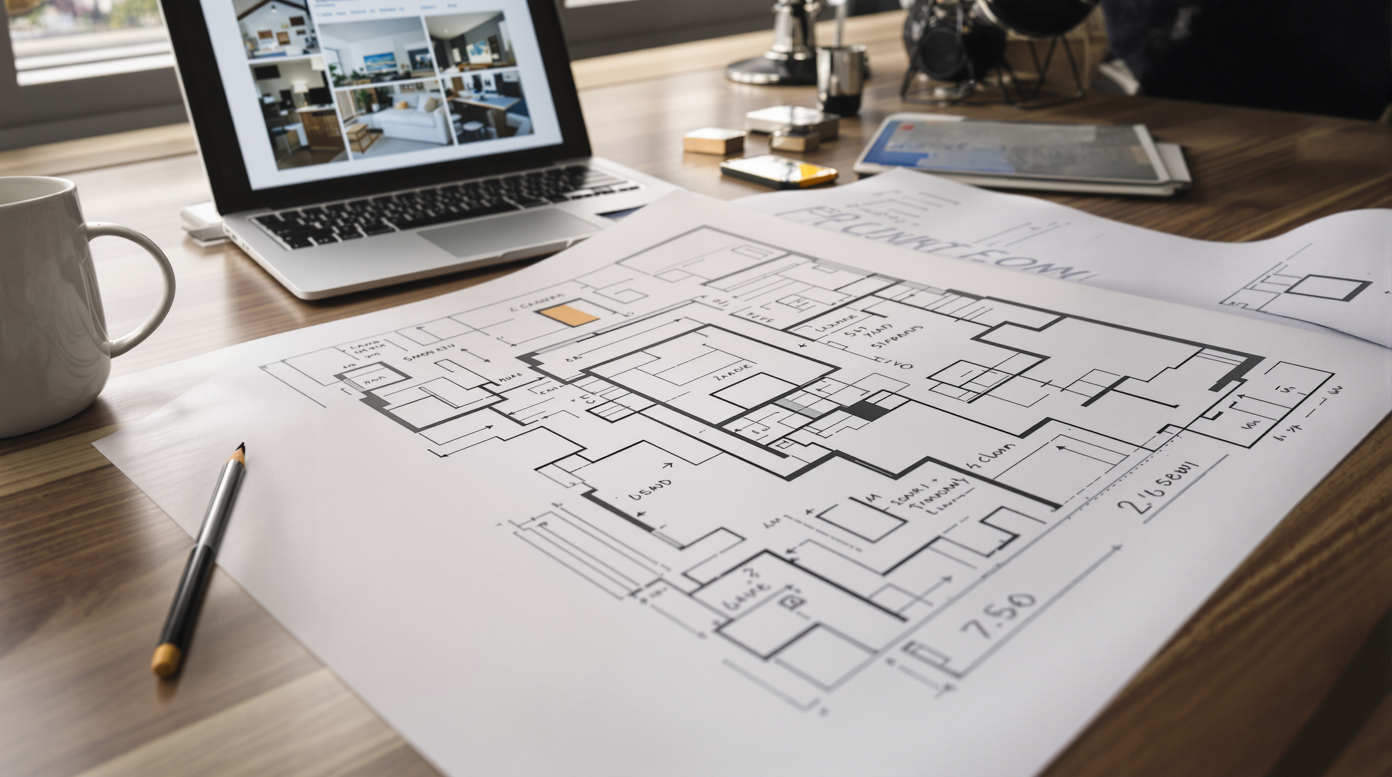 Plantas inteligentes de casas em versão digital e impressa lado a lado para comparação de layouts