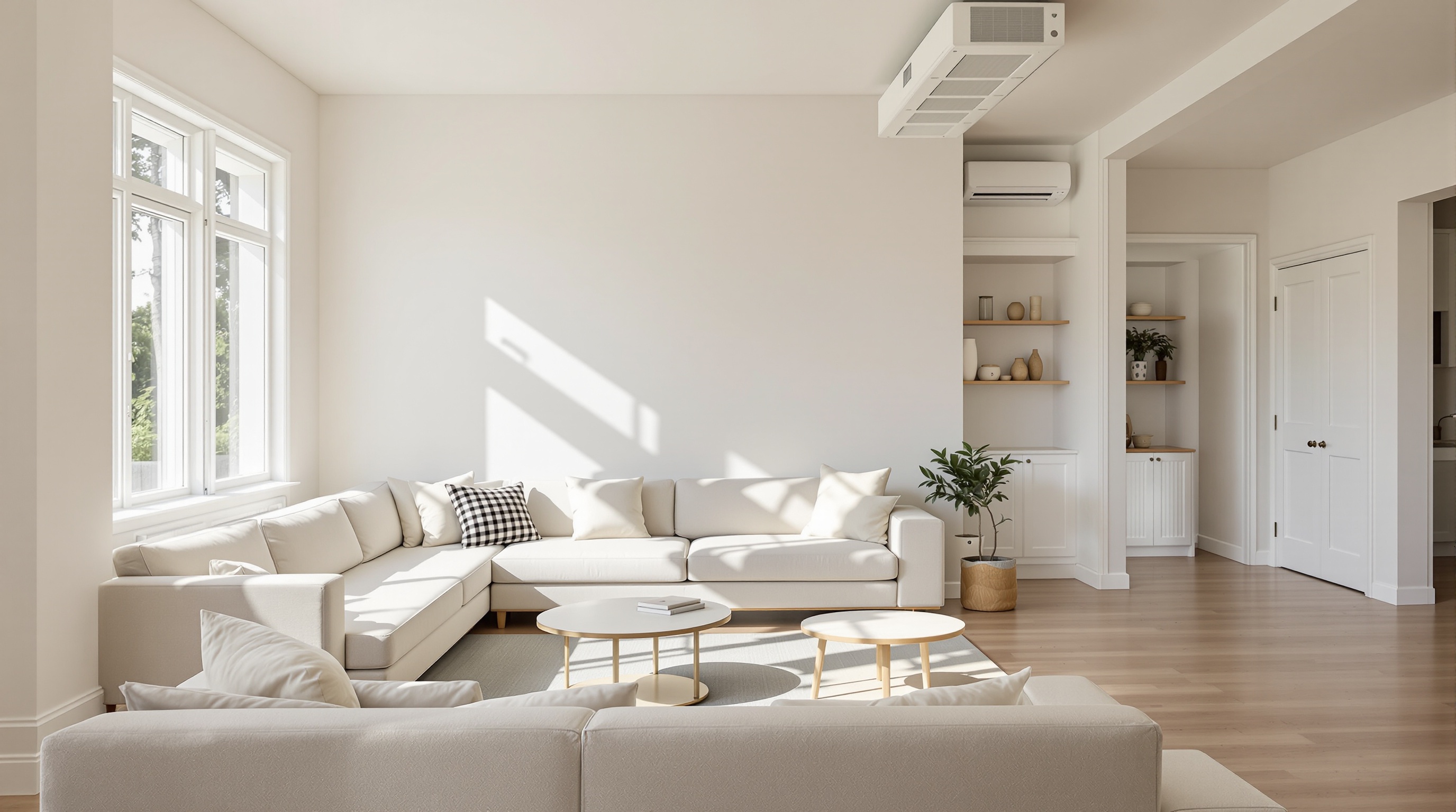Sala de estar de casa reformada em Alphaville com móveis modernos e piso de madeira clara