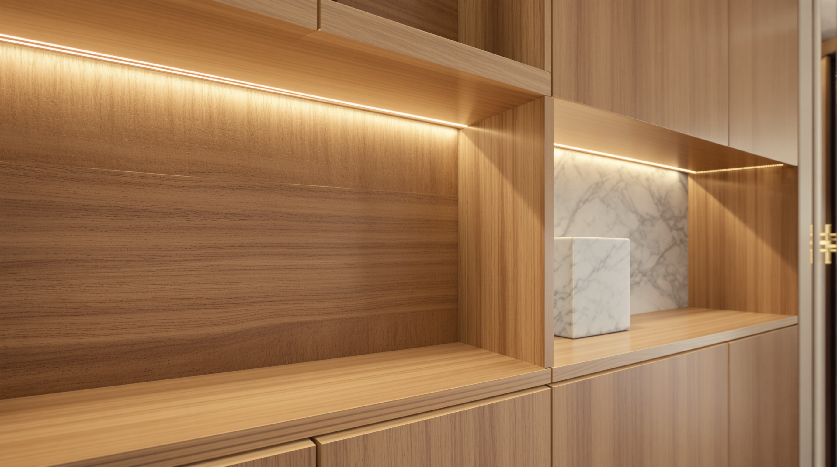 Marcenaria sob medida com iluminação integrada em projeto de ambientação de luxo