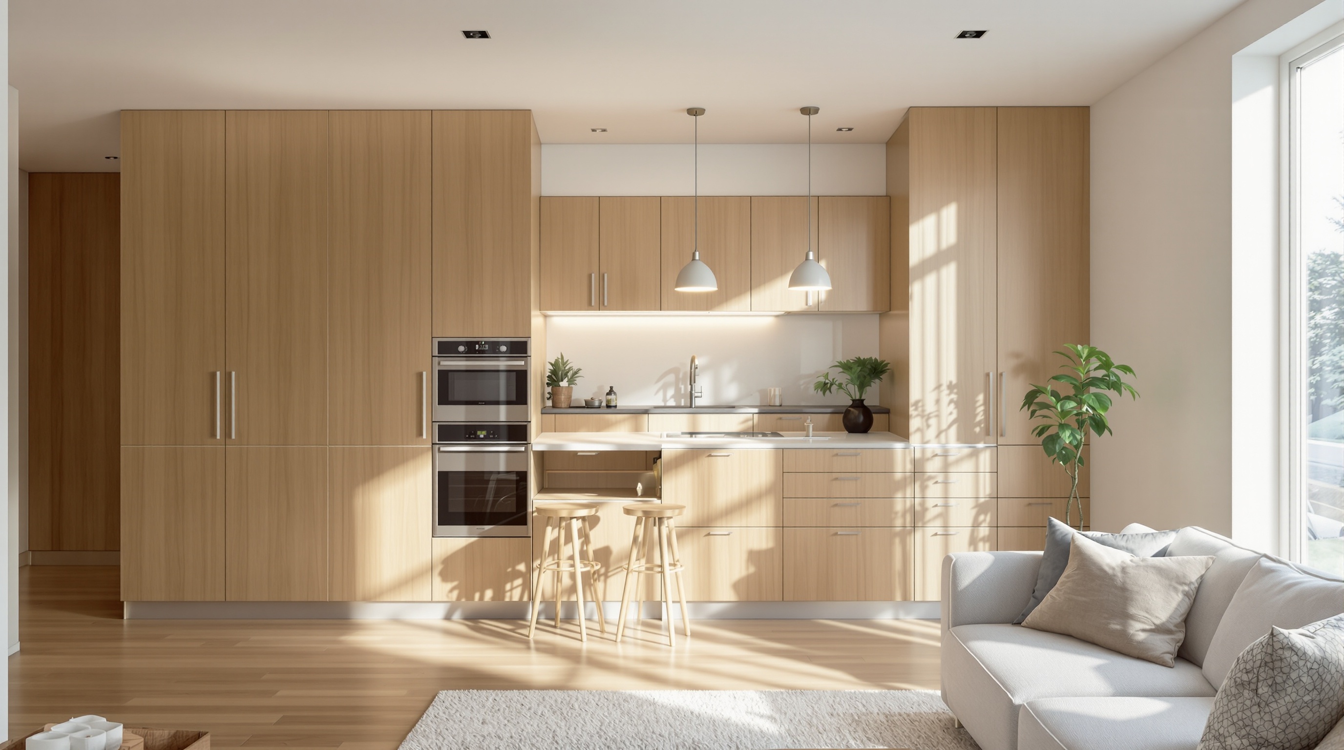 Sala integrada com móveis planejados em madeira natural e cozinha gourmet em imóvel de alto padrão