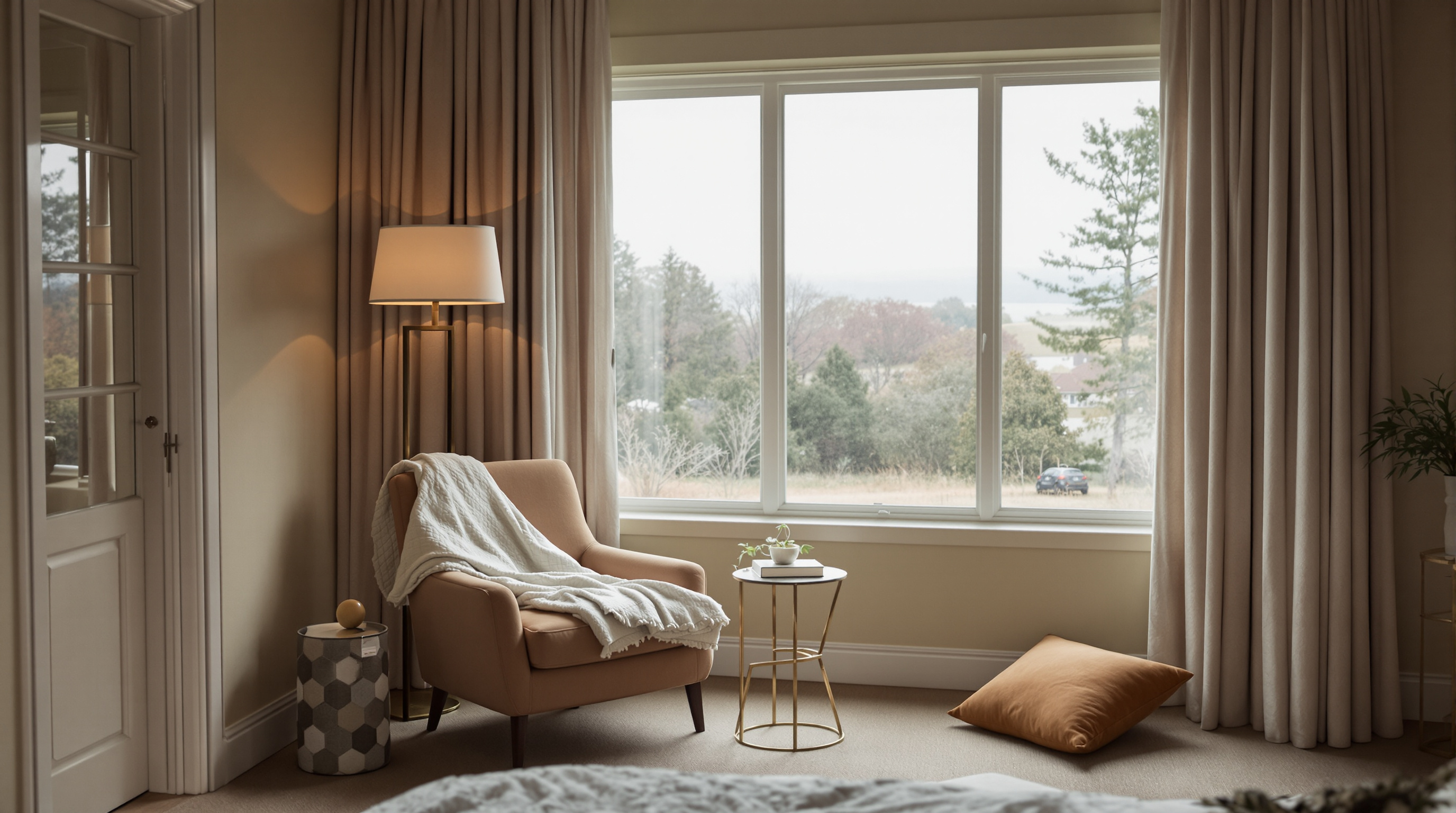 Canto de leitura bem resolvido em quarto de luxo grande com iluminação natural