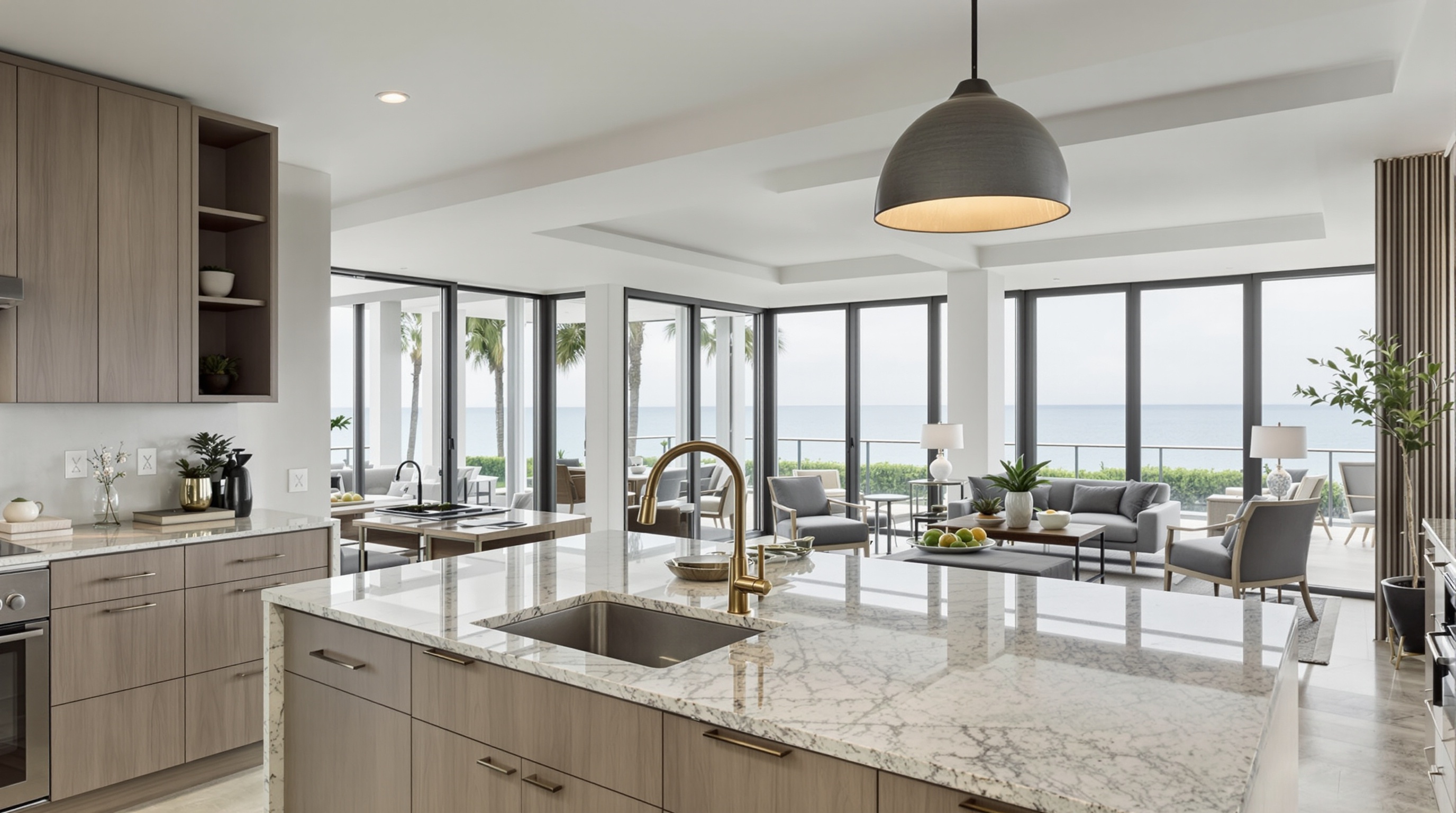 Cozinha moderna e sala de estar premium em imóvel de Real State Jupiter FL com vista parcial de waterfront