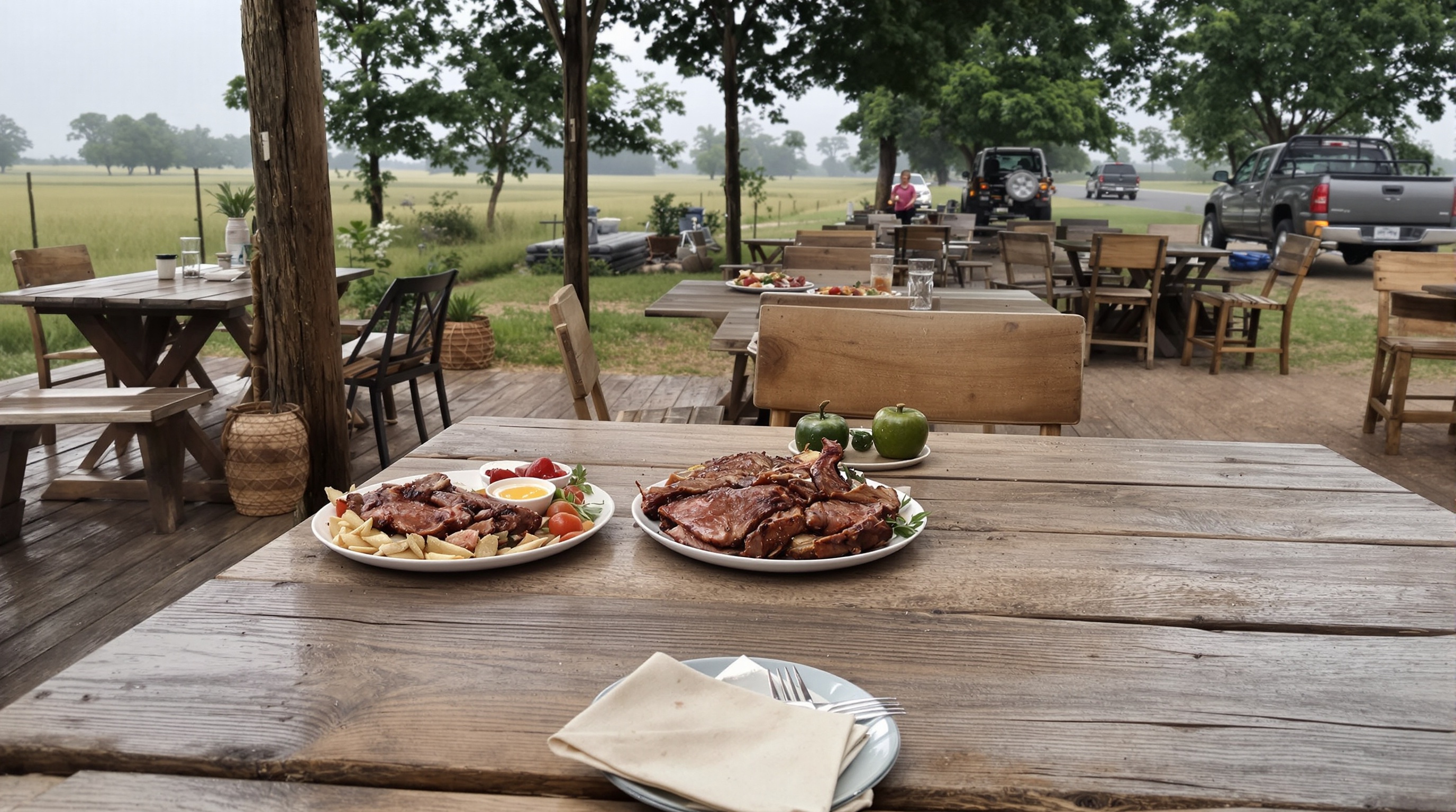 Pratos de comida texana e defumados na Estância da Estação, restaurante de fazenda em Itu/SP, mesa rústica com garfo e faca vintage