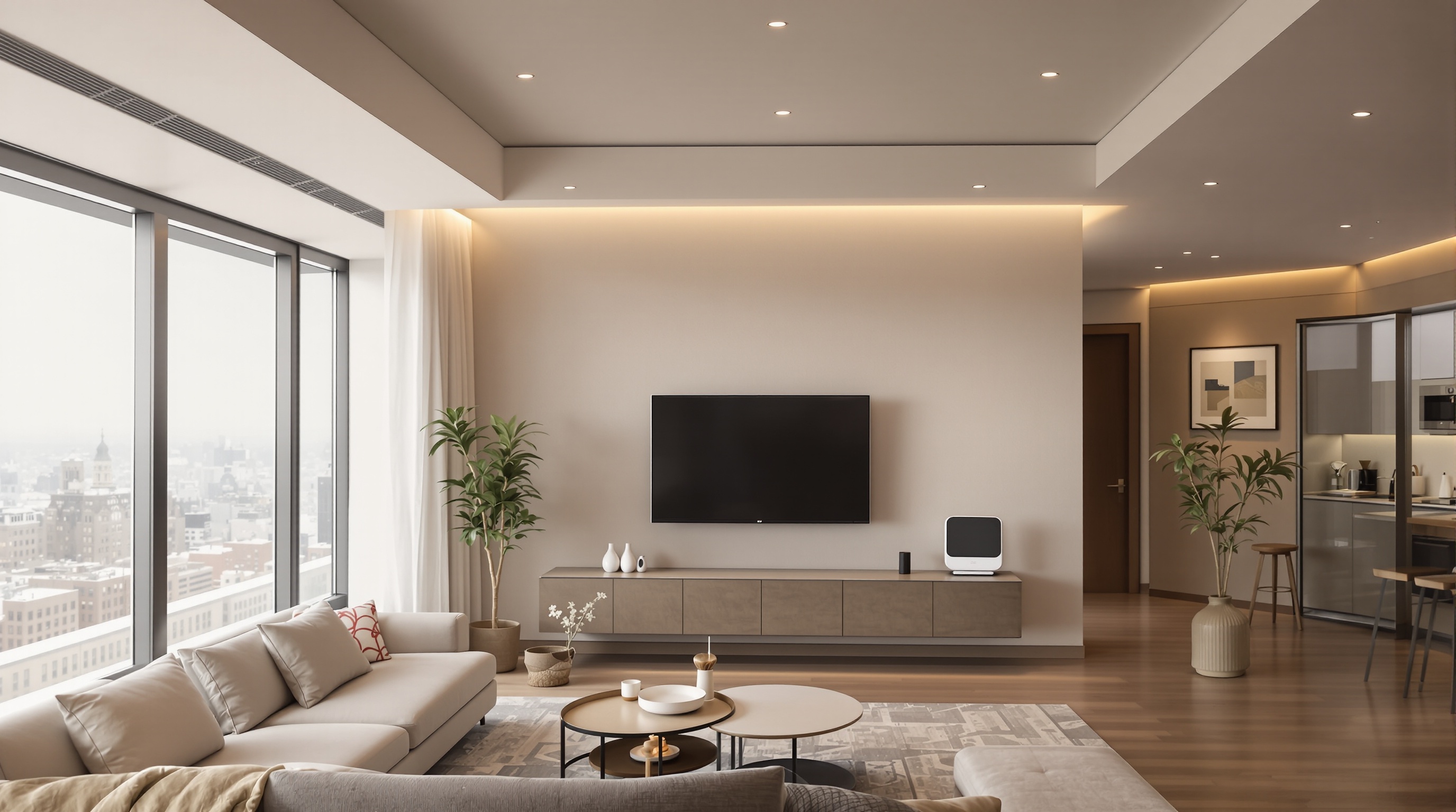 Sala de estar com automação residencial integrada, sensores de ocupação e iluminação inteligente em imóvel de luxo