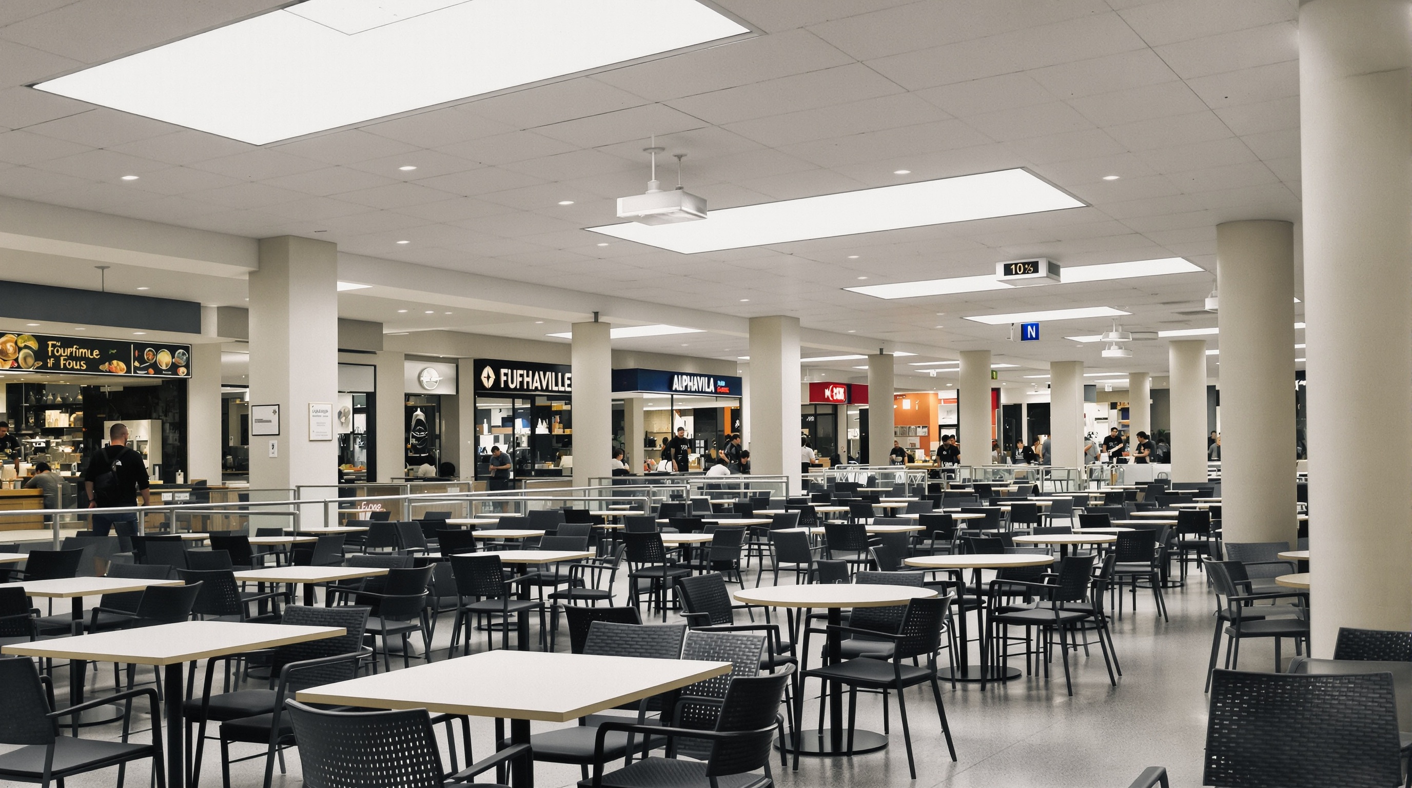 Praça de alimentação do shopping alphaville iguatemi com mesas e ambiente climatizado
