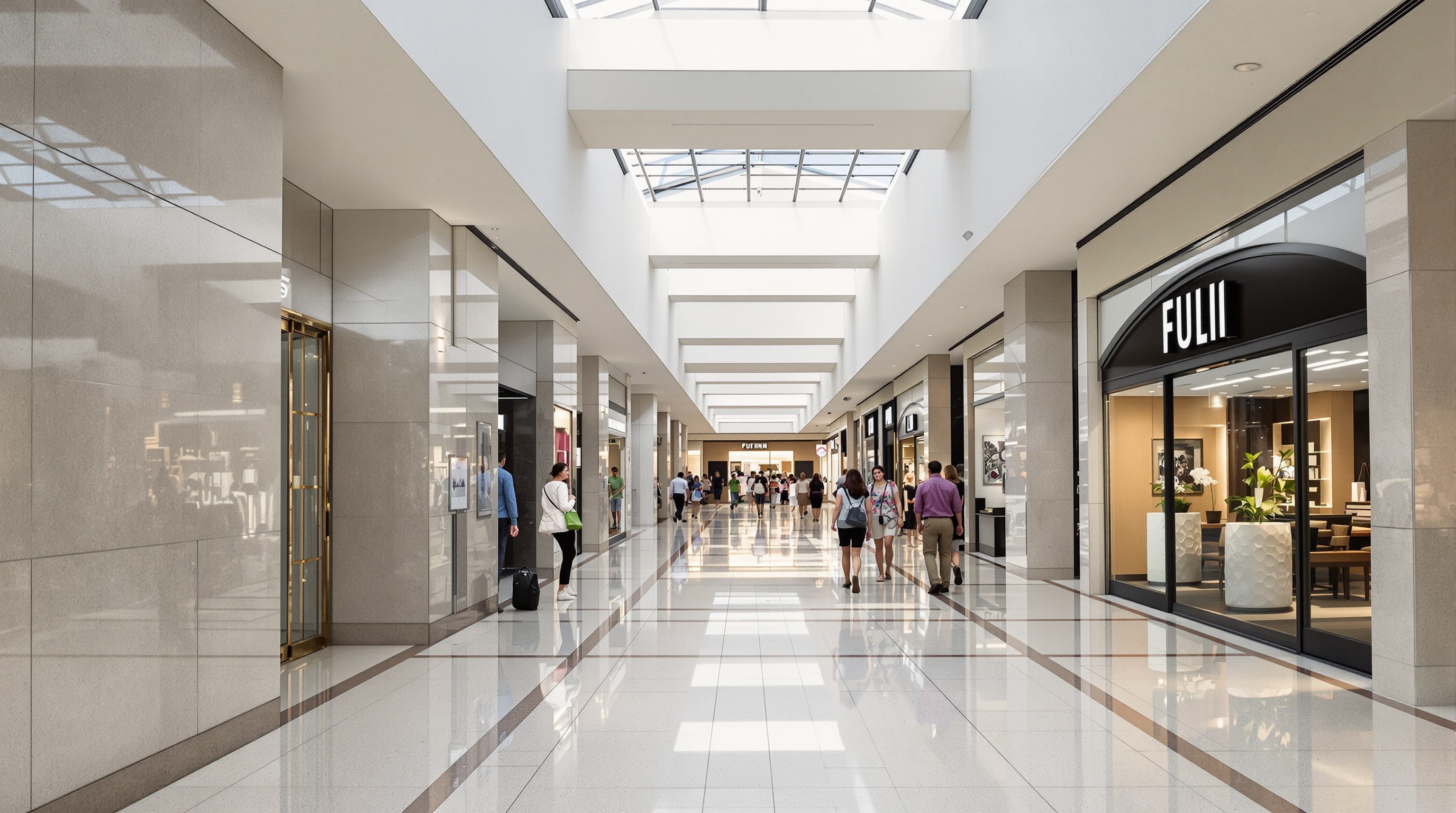 Corredor interno do shopping alphaville iguatemi com piso de mármore e luz natural difusa dos painéis de vidro