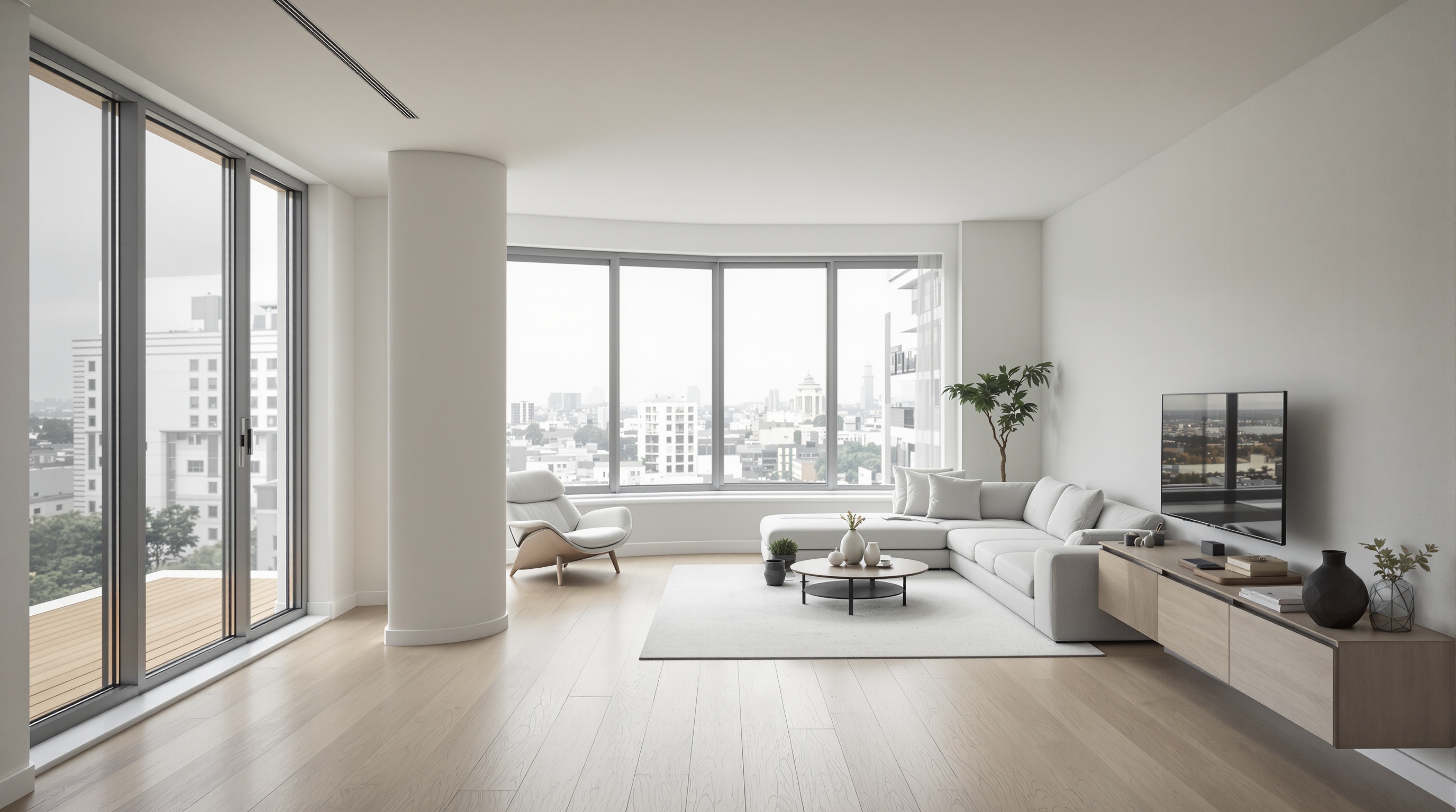Apartamento minimalista de luxo em Faria Lima com sala aberta integrada, parede branca, piso claro e pouquíssimos móveis de design