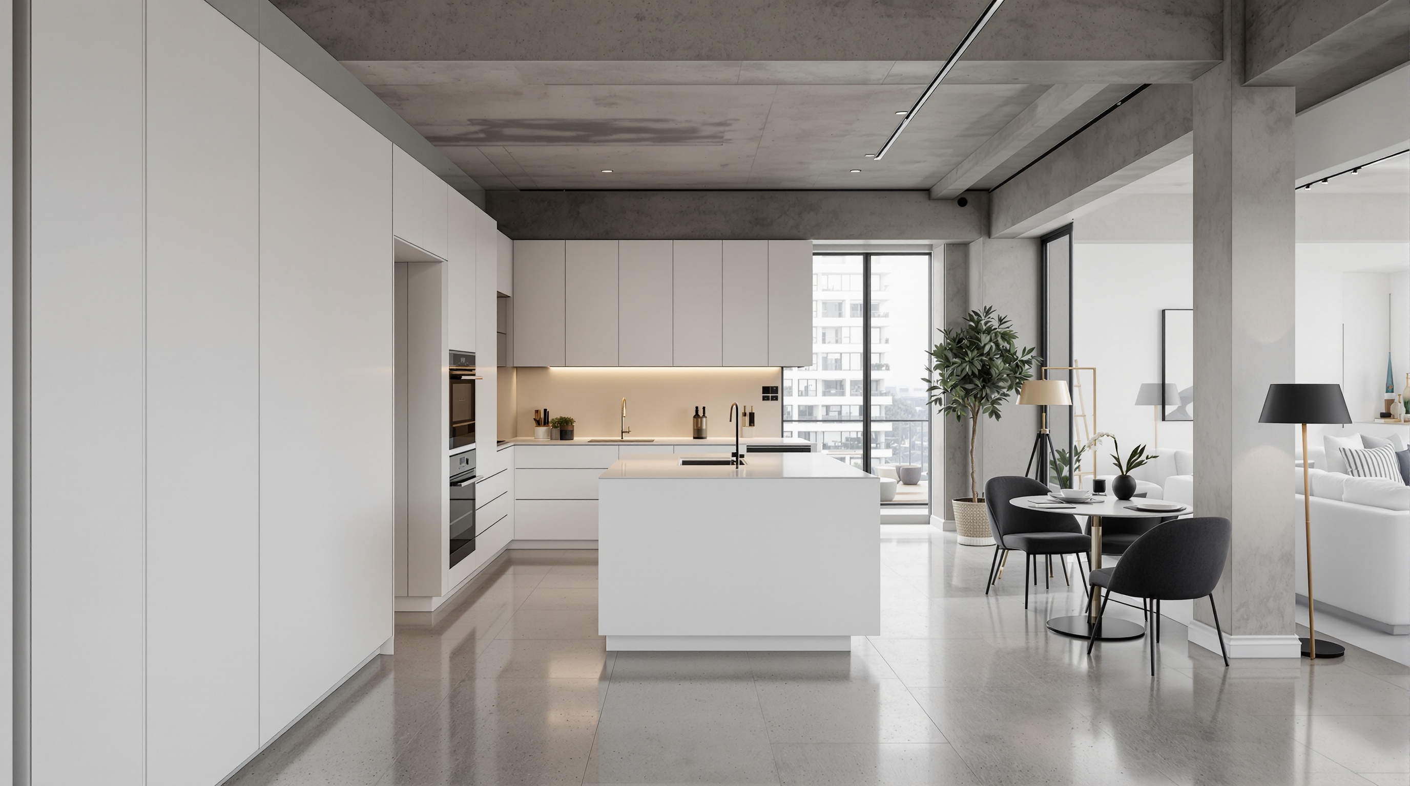 Compacto de luxo em Vila Nova Conceição com cozinha integrada discreta, tecnologia invisível e pé-direito generoso, estilo minimalista