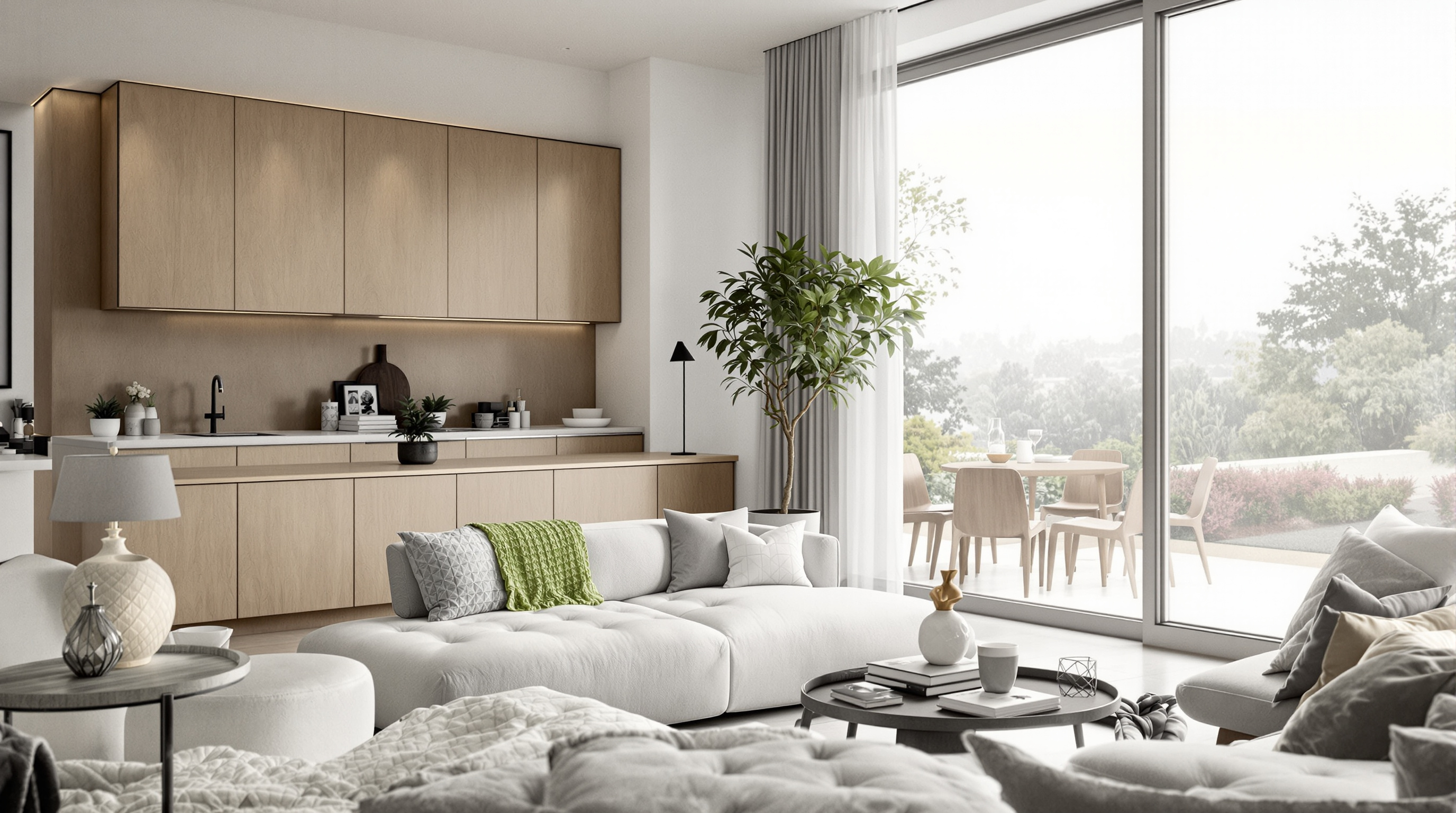 Interior de casa moderna com linguagem coerente em materiais e proporções, exemplificando autenticidade e singularidade de projeto autoral