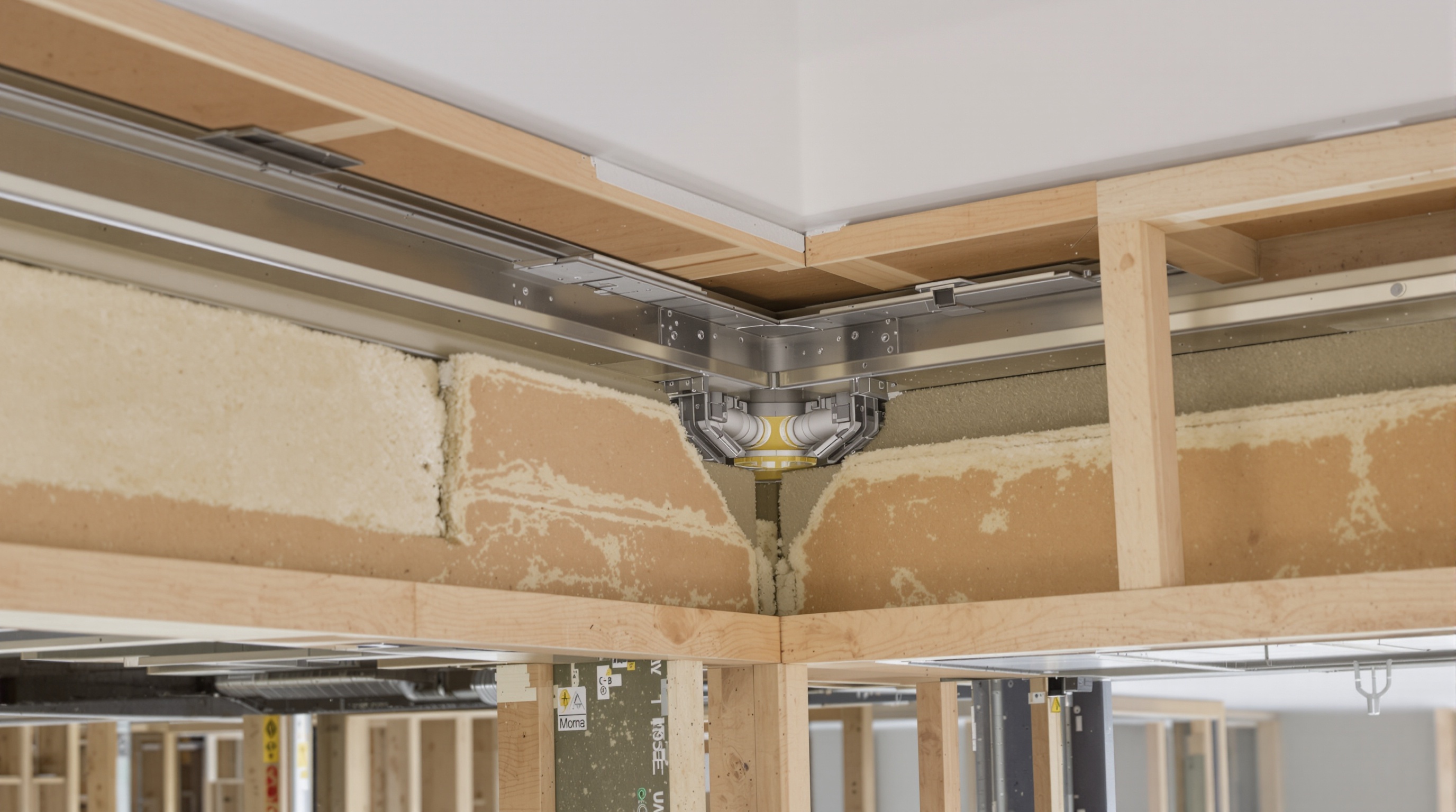 Detalhe técnico de sistema de fachada ventilada mostrando camada de isolamento e câmara de ar com iluminação natural