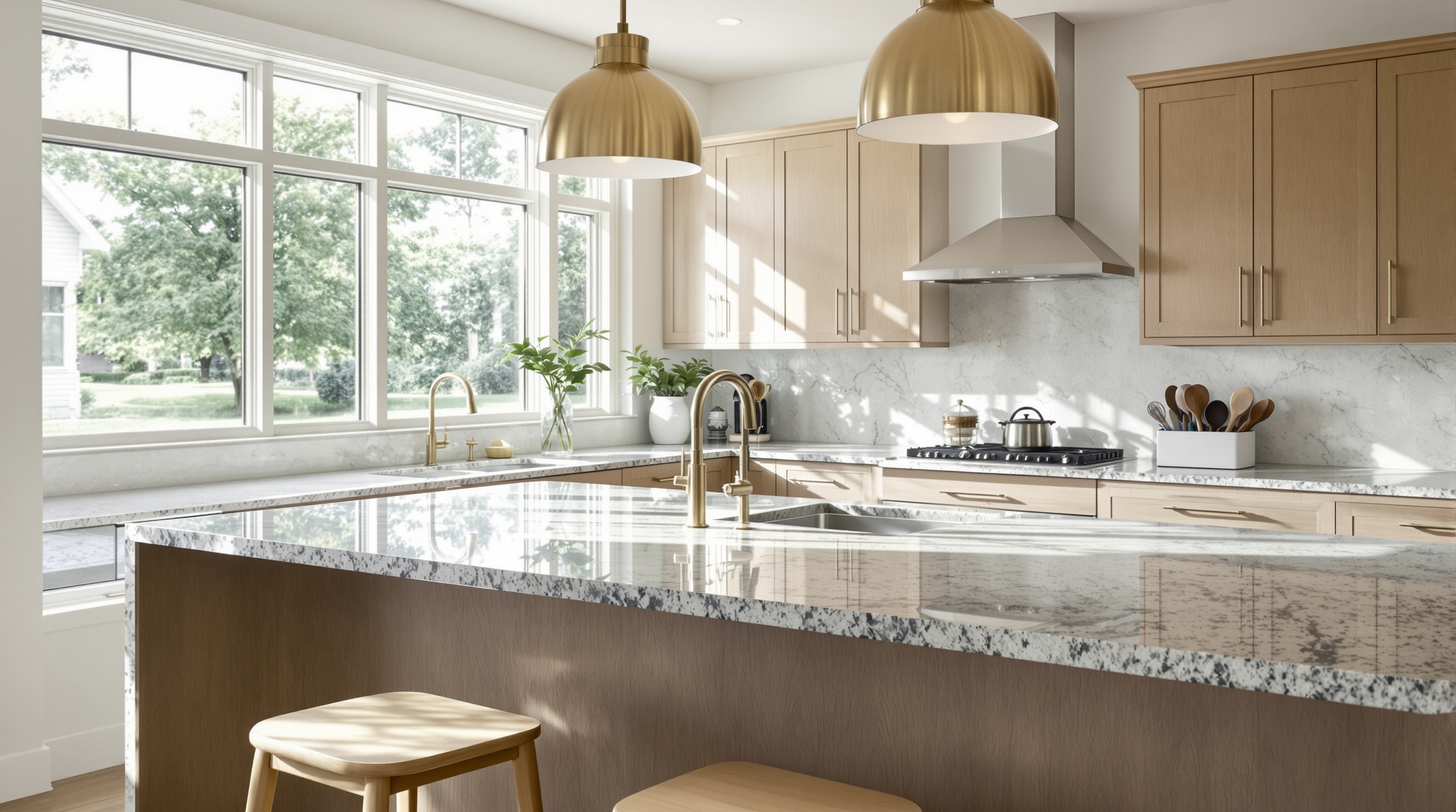 Ilha de cozinha gourmet sofisticada com elegancia em iluminação e materiais nobres