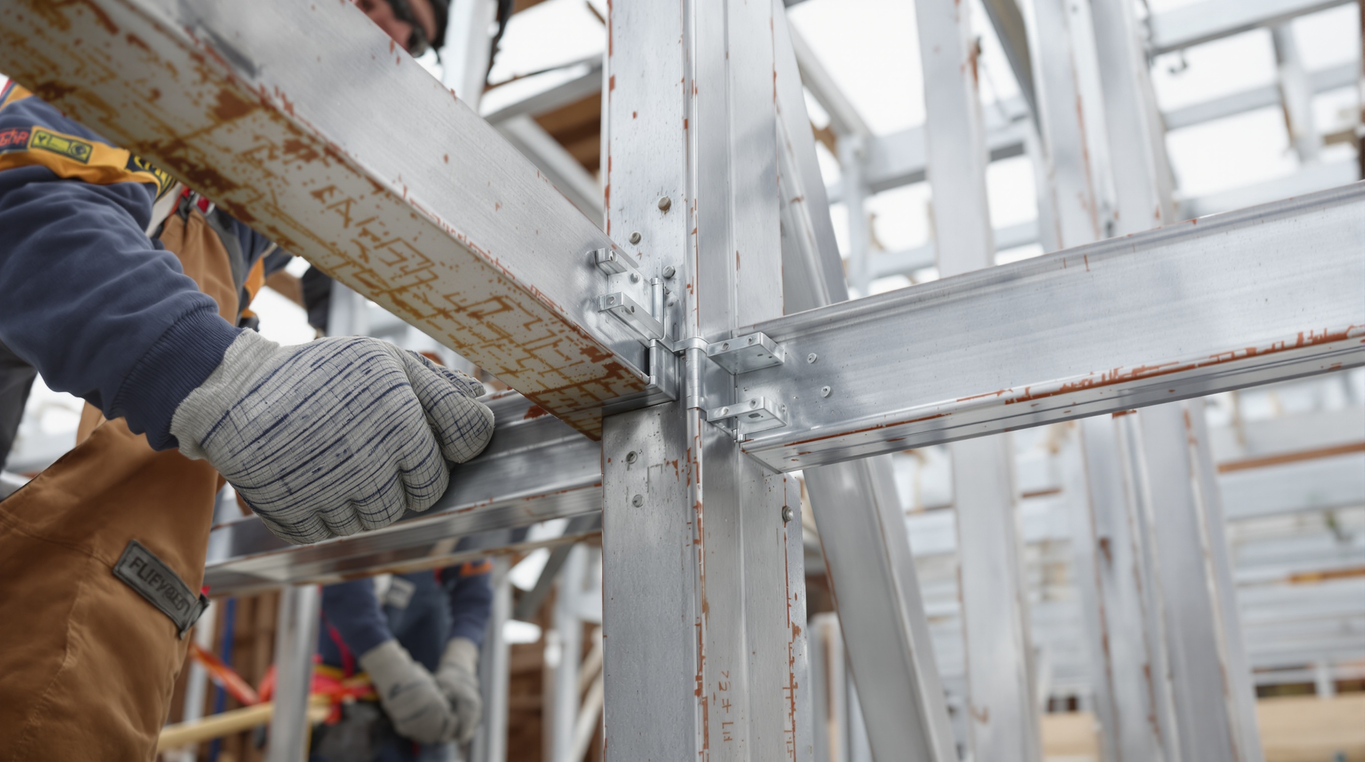Detalhe de montagem de perfis de aço galvanizado em obra de steel frame de alto padrão
