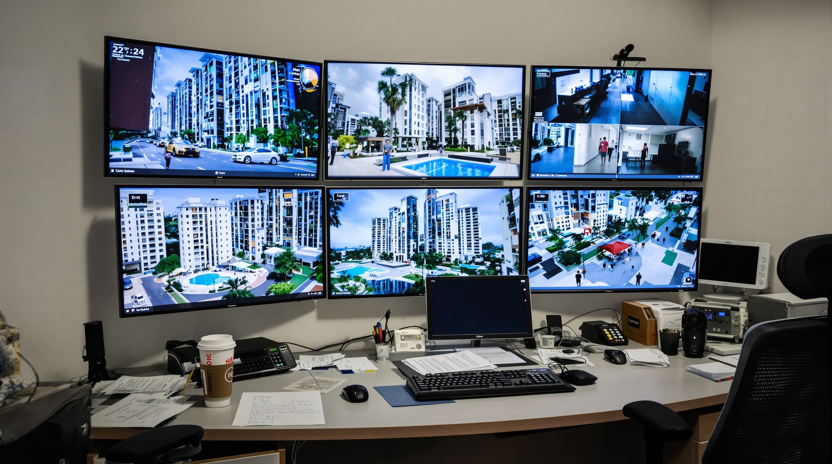 Central de monitoramento de segurança em condomínio de luxo com múltiplas câmeras e tecnologia informação integrada