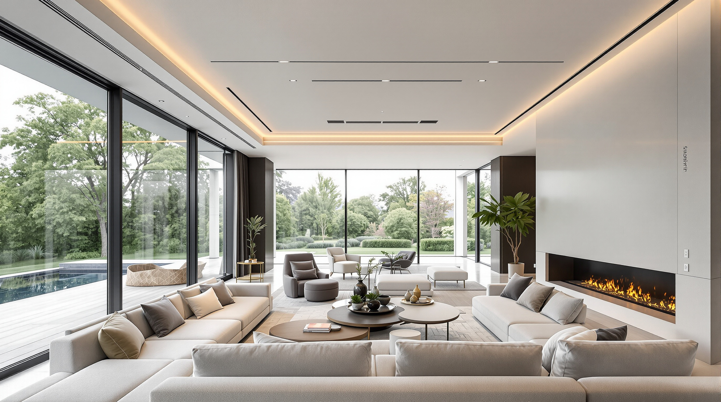 Sensores IoT integrados na arquitetura de mansão moderna, com sistemas de climatização e iluminação inteligente em design minimalista