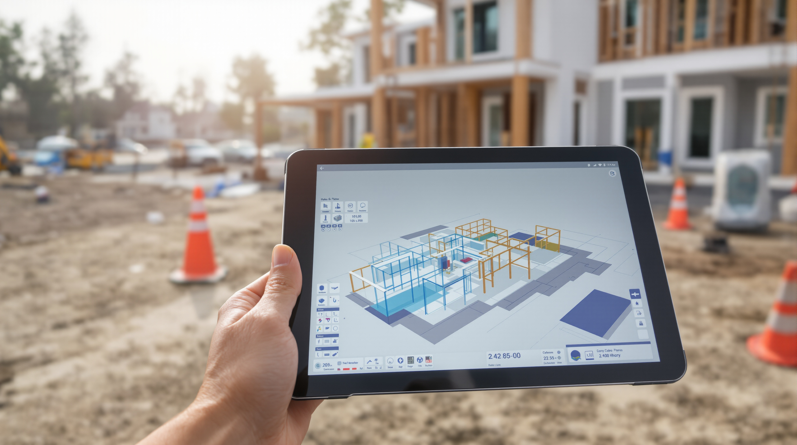 Digital twin de mansão em construção exibido em tablet, mostrando modelo 3D de automação e sistemas integrados