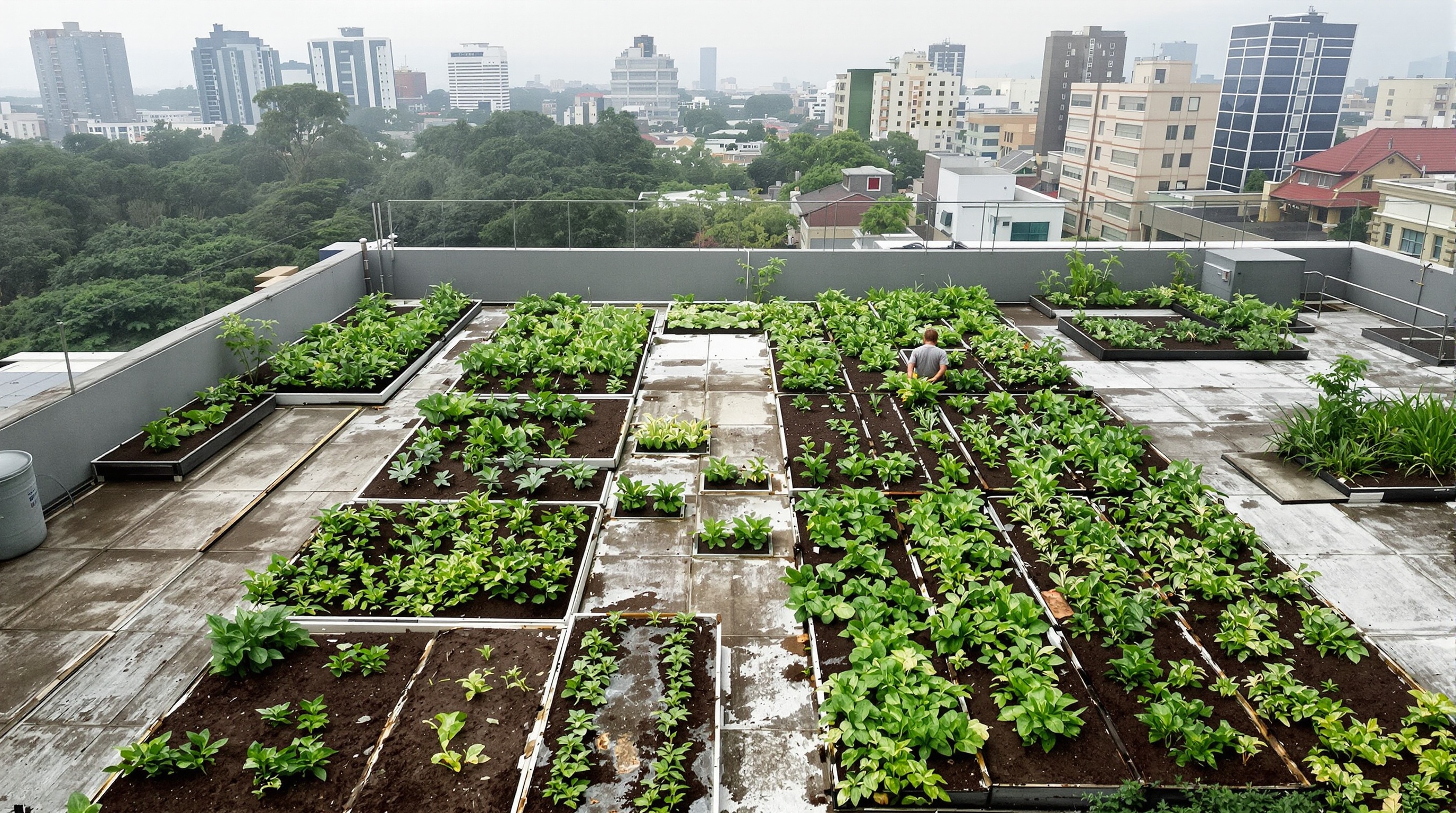 Horta produtiva em telhado verde corporativo brasileiro com plantas de alimento e compostagem integrada, redução de energia visível em conta