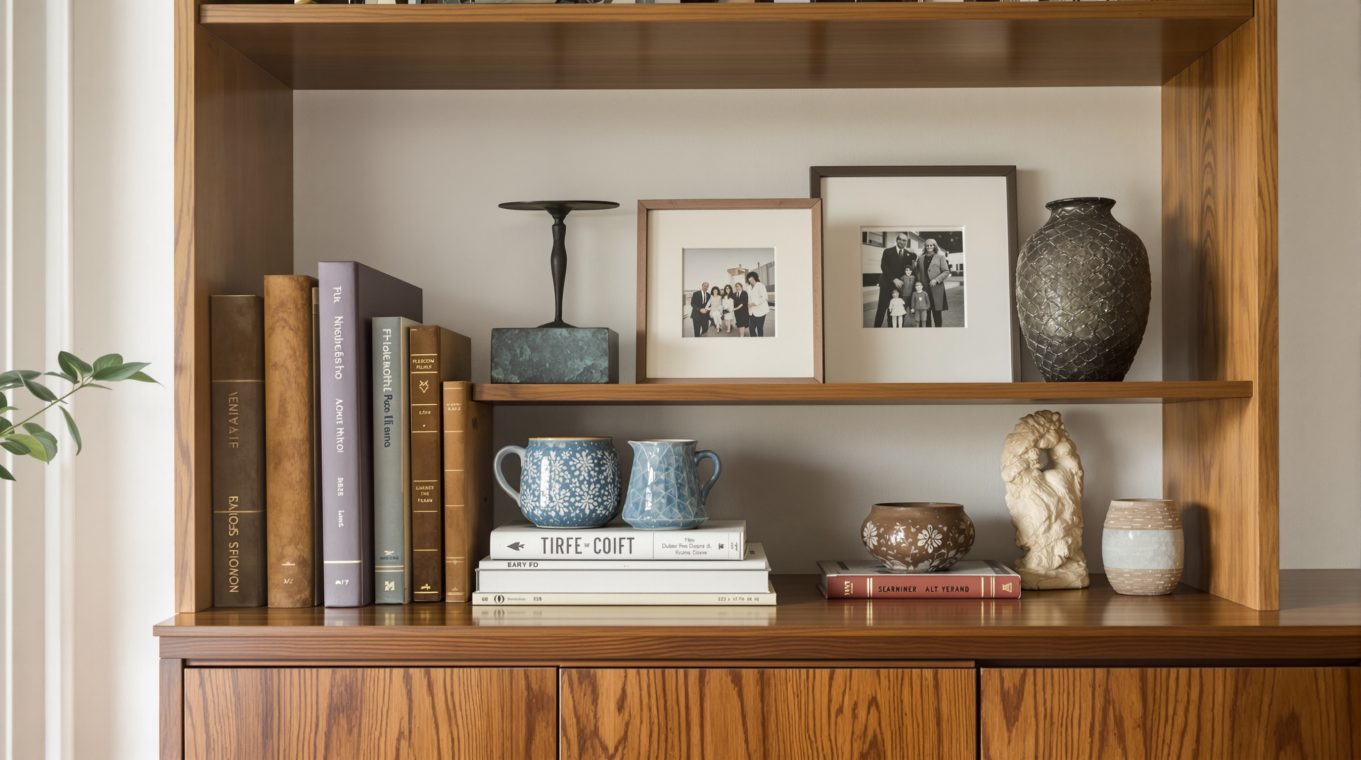 Estante com móveis antigos, objetos com história pessoal e peças artesanais representando decoração afetiva e tendências em decoração de interiores curada