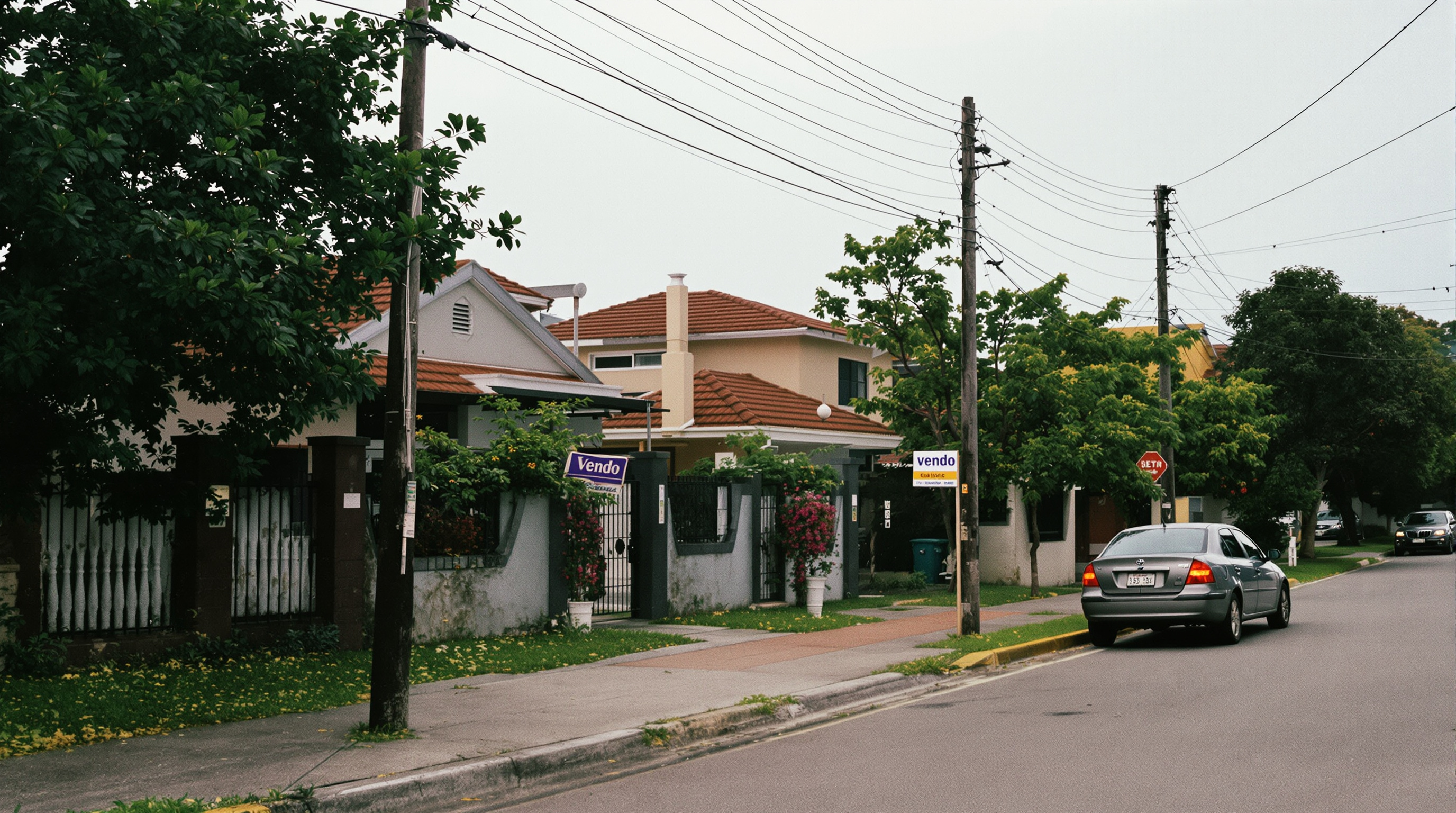 Rua residencial brasileira com placa de venda e mercado imobiliário aquecido em 2026