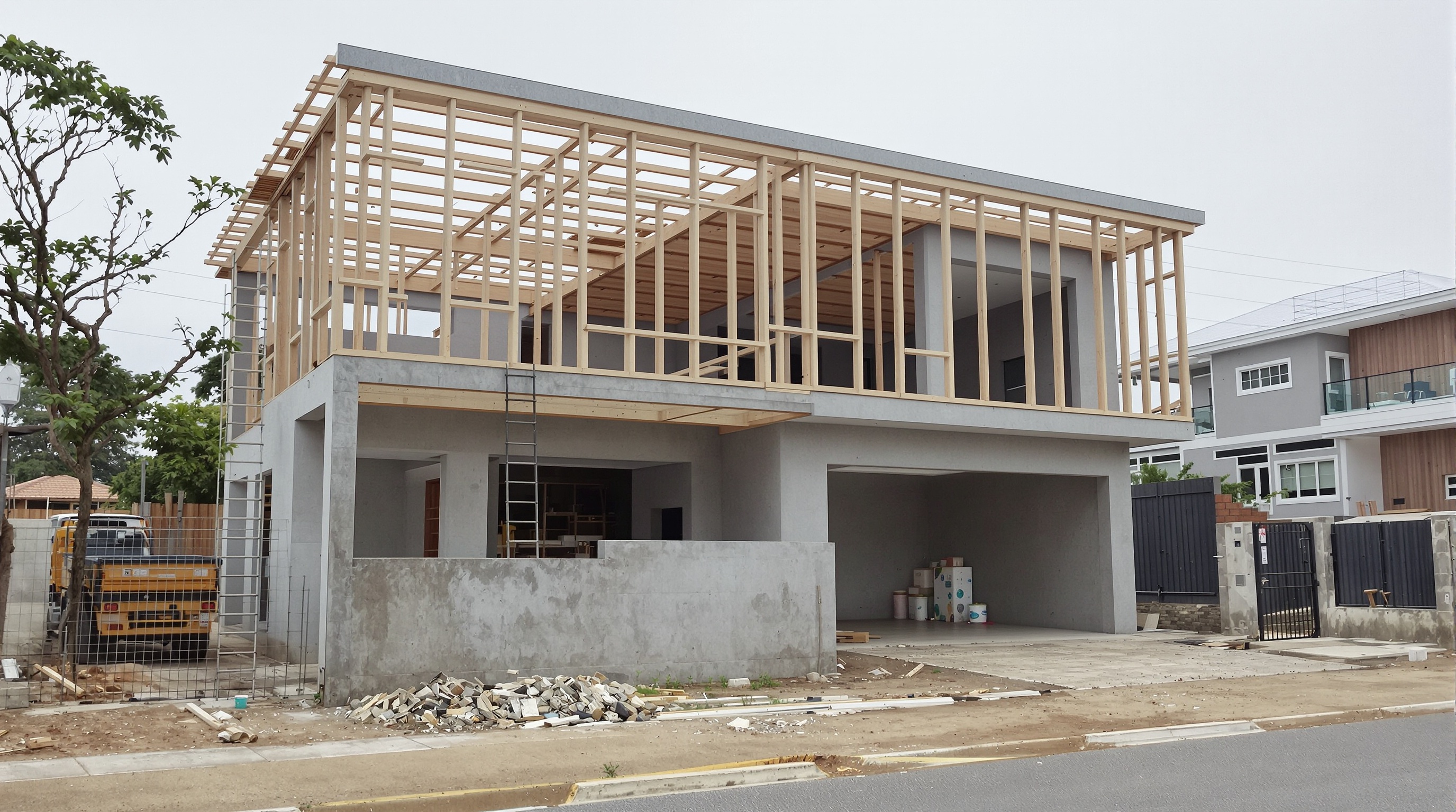 Casa em construção no Tamboré 10 mostrando fundação e estrutura de concreto