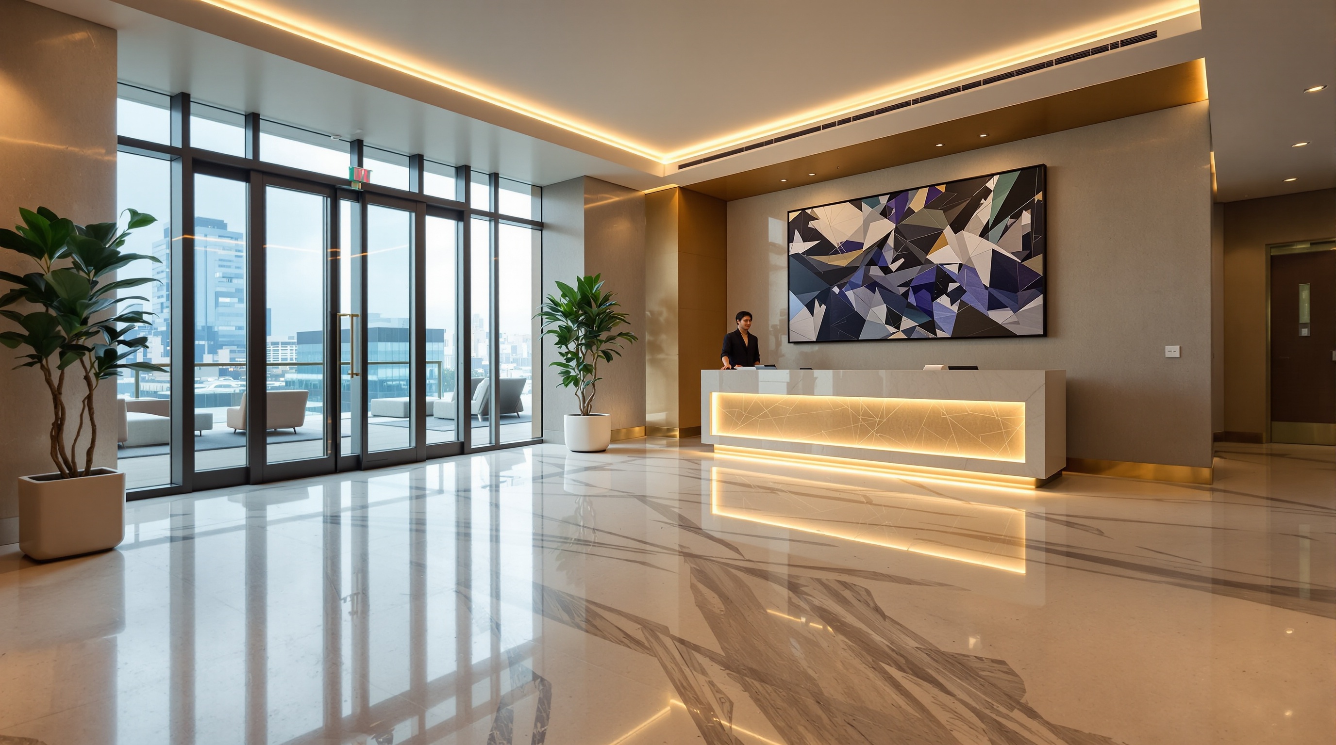 Lobby de prédio de luxo em São Paulo com recepção e acabamento em mármore, bairro Itaim