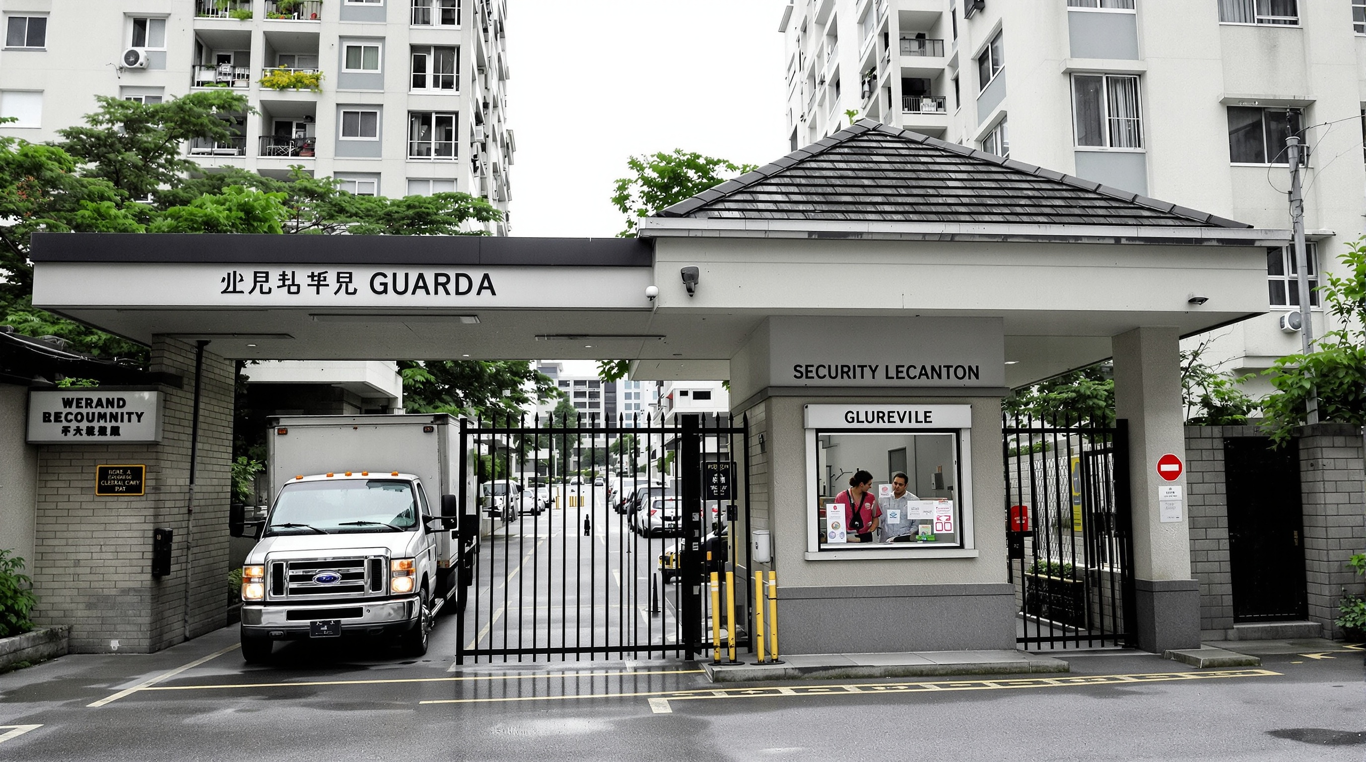 Entrada de condomínio em Alphaville com guarita e portão de acesso residencial
