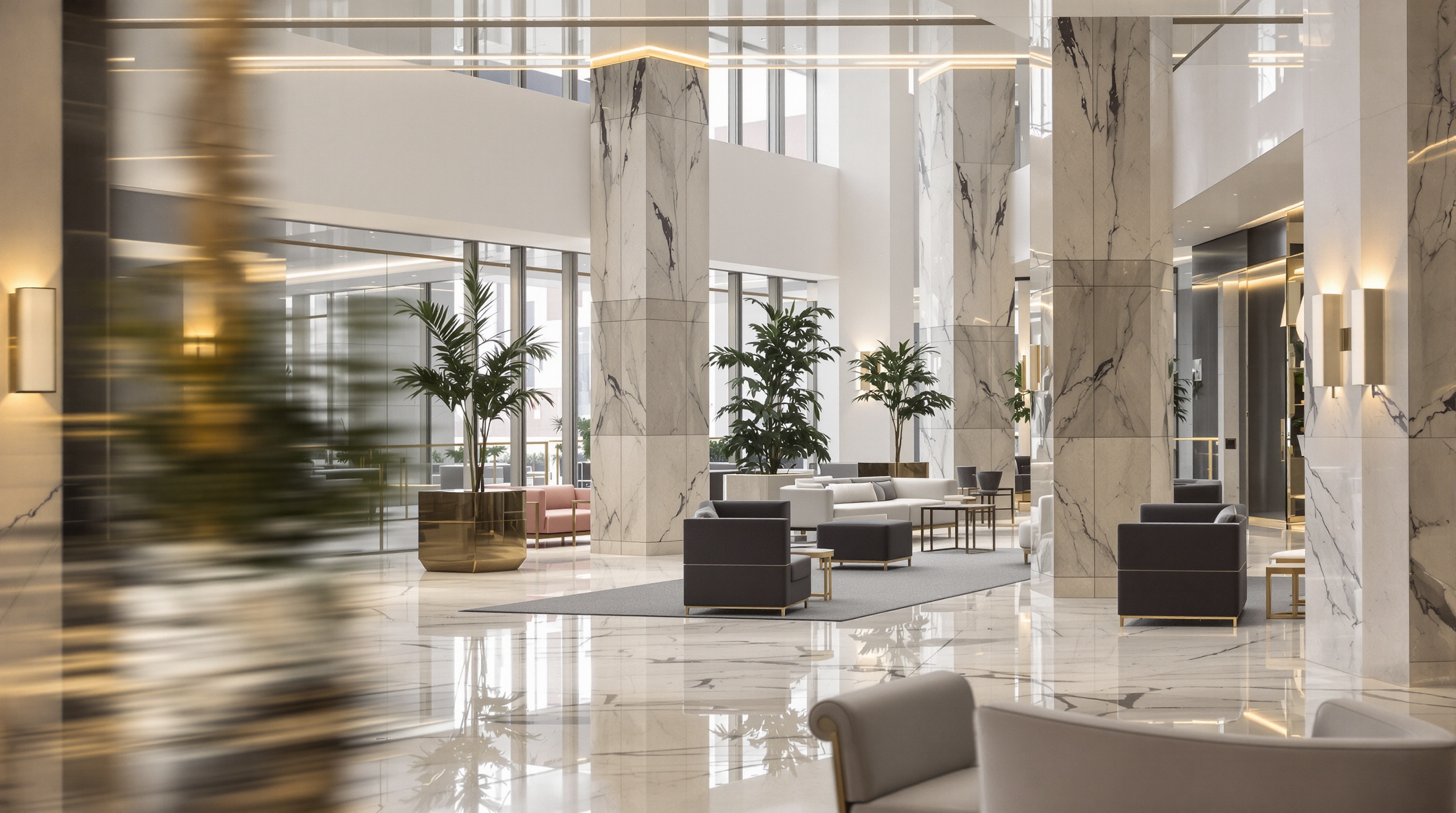 Lobby moderno de condomínio de luxo com detalhes em mármore e iluminação natural suave
