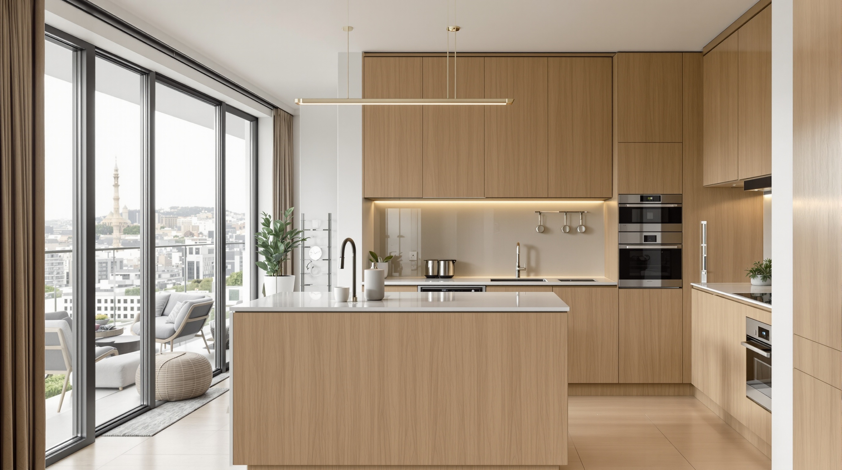 Cozinha e sala de estar em apartamento de luxo de São Paulo com vista para a cidade e valorização de imóveis comprovada