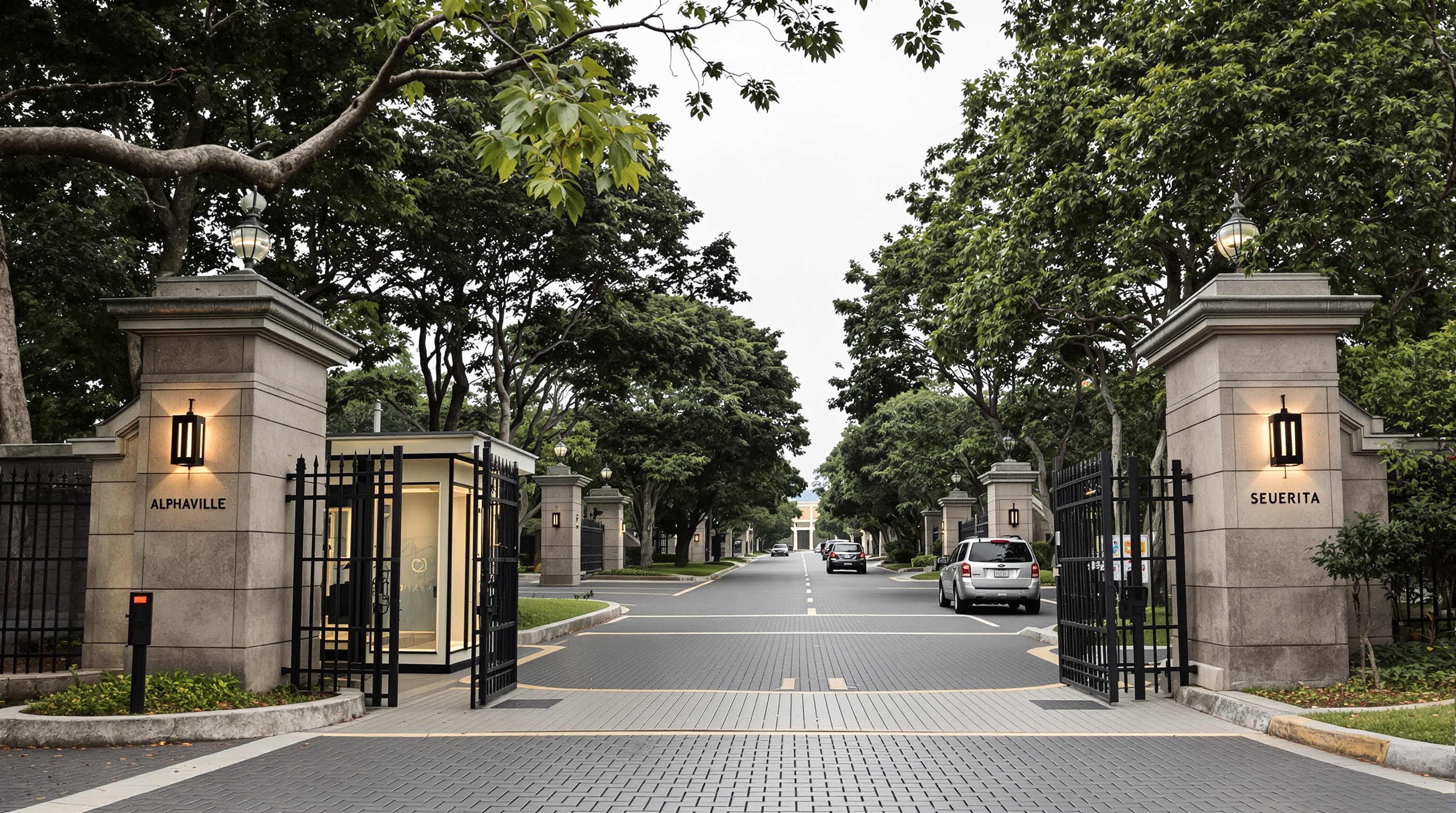 Portaria de condomínio de luxo em Alphaville com acesso controlado, simbolizando a valorização de imóveis em localização premium