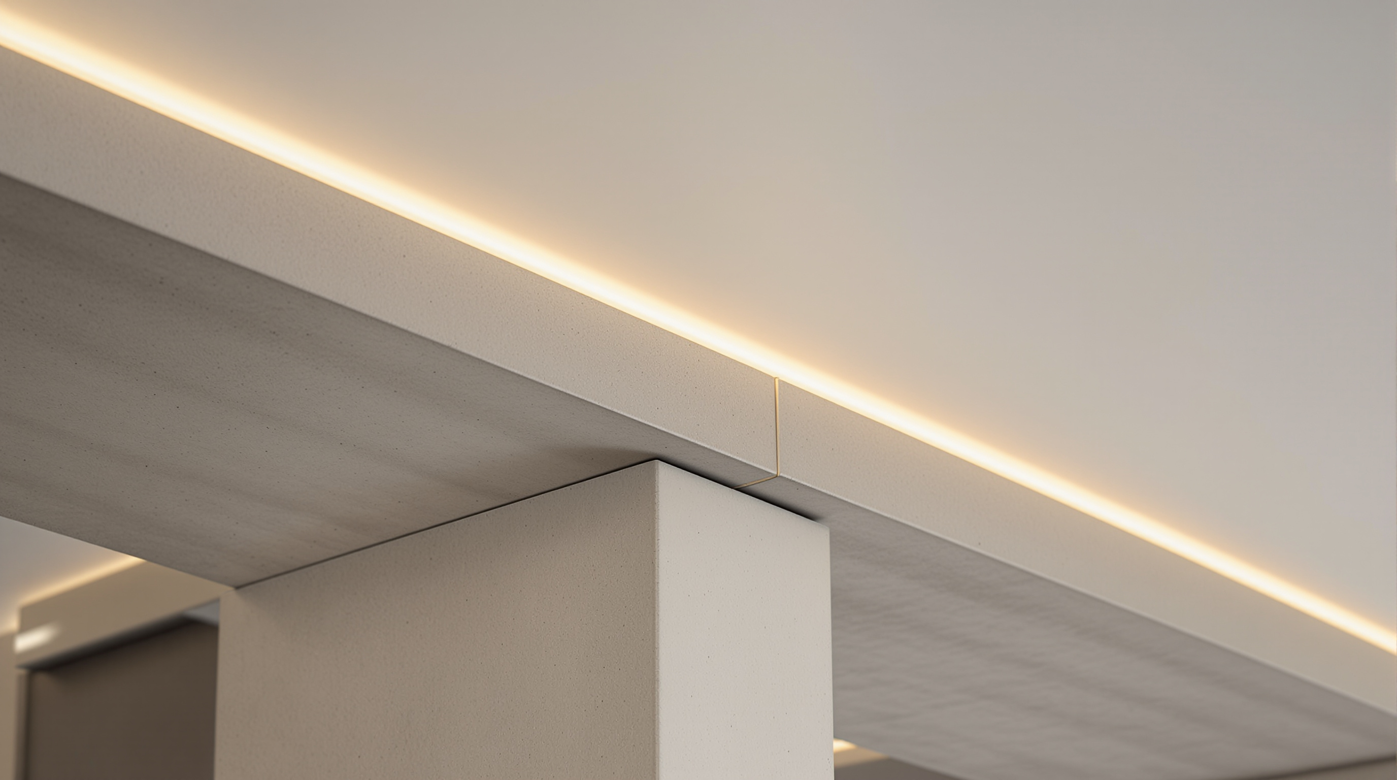 Detalhe de encaixe de viga metálica W em apoio estrutural com revestimento de forro gesso, acabamento luxo residencial