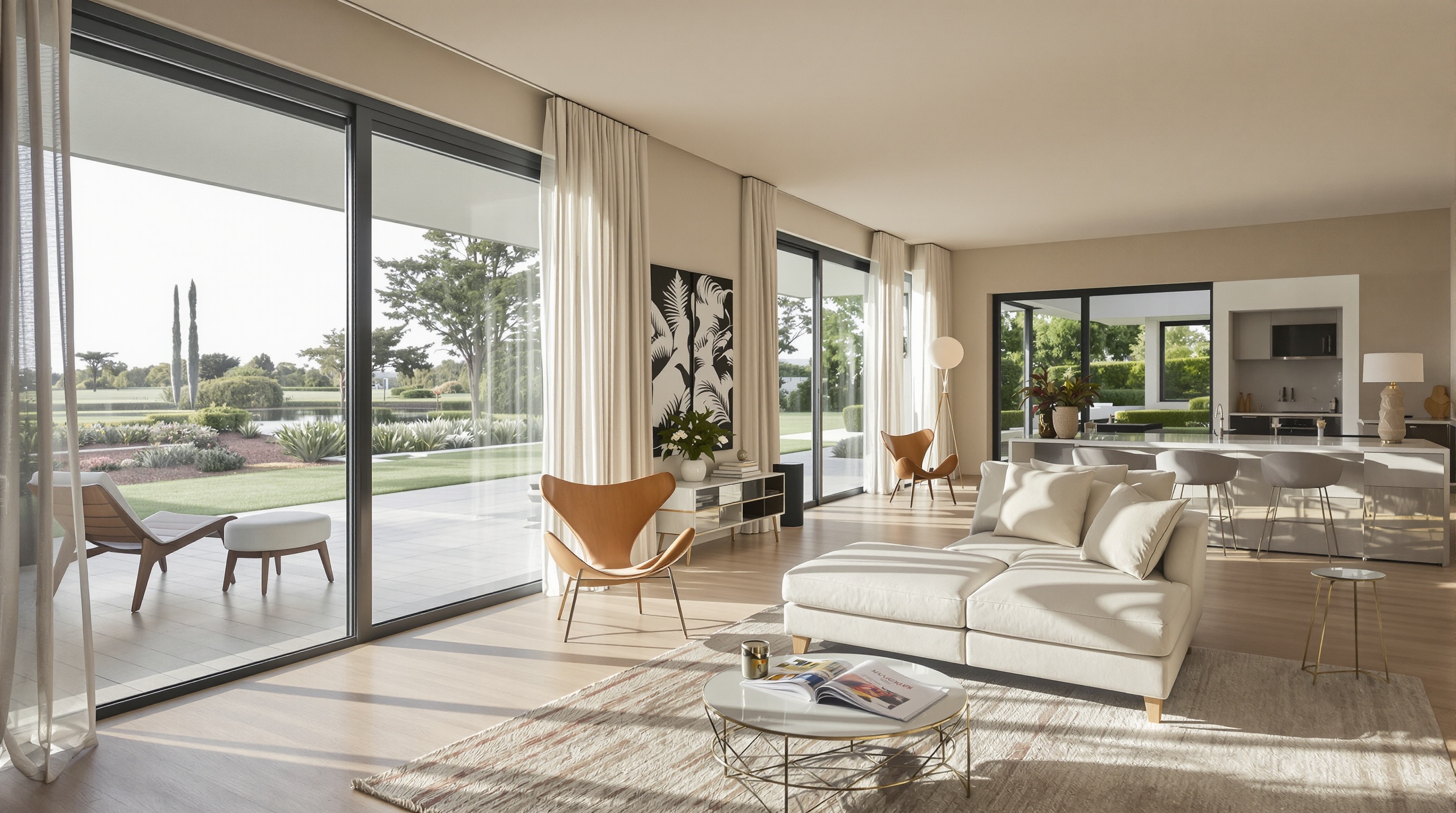 Sala de estar moderna com vista para o paisagismo em Villas do Golfe Itu