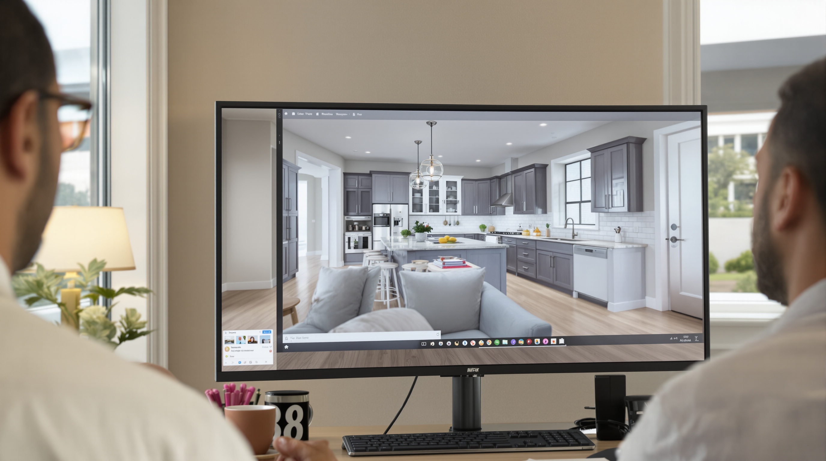Agente imobiliário apresentando simulação de virtual home staging em tela para cliente em escritório