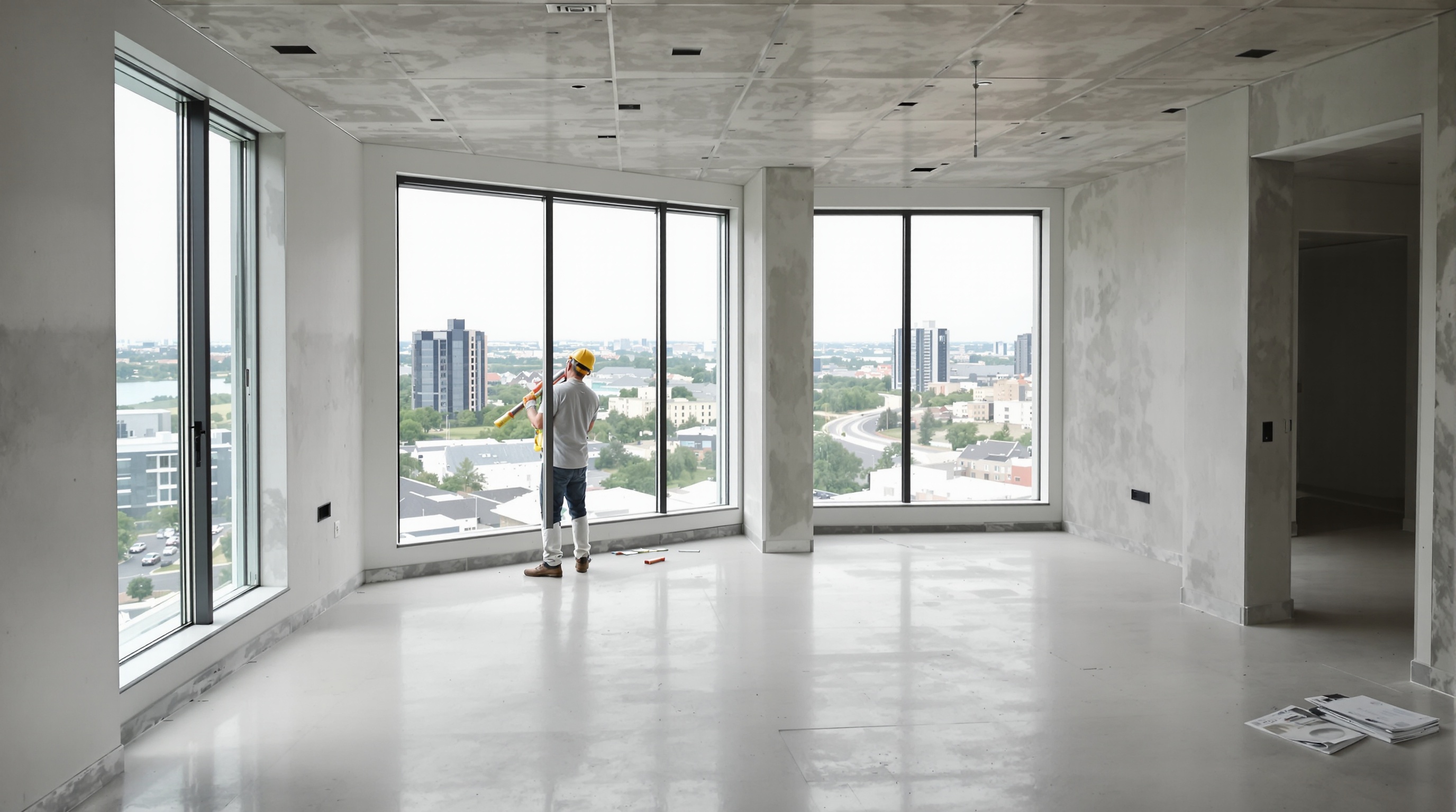 Apartamento de luxo vazio em obra onde virtual home staging será aplicado para transformação visual